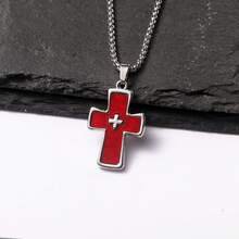 Double Cross Pendant Necklace For Men  Titanium Steel Niche Design Hip-Hop Style Sweater Chain Small Gift For Women - 多巴胺十字架-藍色/方形珍珠鍊70cm - 查看 7