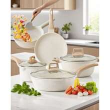 Juego de ollas antiadherentes de 7 piezas, de cerámica antiadherente, de granito. Libre de PFAS, PFOA, plomo y cadmio. Ligero, de calentamiento rápido y uniforme, fácil de limpiar, ultrarresistente, con asas extraíbles de imitación de baquelita. Versátiles ollas de granito aptas para todo tipo de cocinas, incluyendo inducción, gas, eléctricas y vitrocerámica. Diseño apilable o encajable. Se guardan fácilmente en armarios o cajones. Ideales también para camping y viajes en autocaravana - Beis - Ver 9