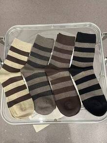 6/12 Calcetines unisex de rayas, varios colores- Calcetas de dama de tripulación con diseño divertido y colores minimalistas. Calceta de dama y caballero con lineas. - Beis - Ver 3