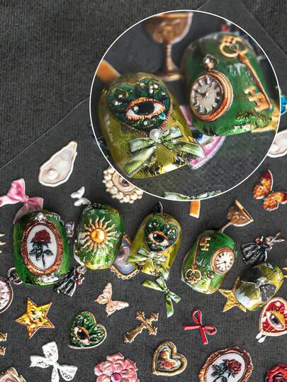 A Vintage Niche Nail Sticker With Relief Laser Technology, Dark Rococo Style, Featuring Elements Such As Bows, Crosses, Eyes, Pocket Watches, Etc., Suitable For Personal DIY And Creating Dark Vintage Art Style Nail Art Nails Nail Supplies