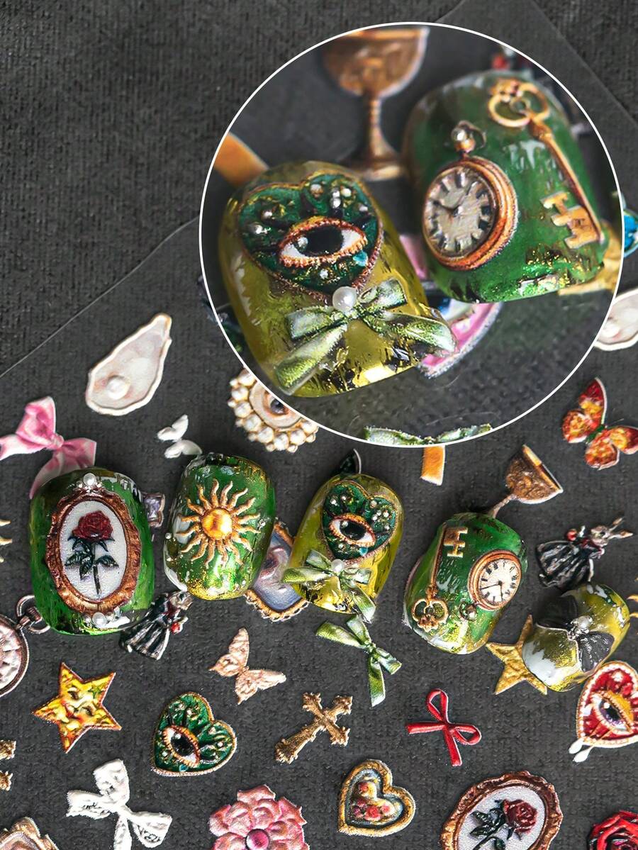 Hình dán móng tay phong cách cổ điển độc đáo với công nghệ khắc laser nổi, mang phong cách Rococo tối màu, với các họa tiết như nơ, thánh giá, mắt, đồng hồ bỏ túi, v.v., thích hợp cho việc tự làm và tạo ra những bộ móng nghệ thuật theo phong cách cổ điển tối màu. - Nhiều màu - Xem 1