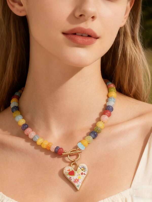 1pc Fashionable High-Quality Random Color Corn Shape Glass Beaded Necklace With Dopamine, Heart, And Evil Eye Pendant, Suitable For Women, Everyday And Party Wear, Great Gift Choice