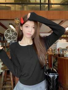 女士优雅韩版灰色刺绣长袖针织上衣，弹力设计，秋/春季黑色 - 黑色 - 查看 3