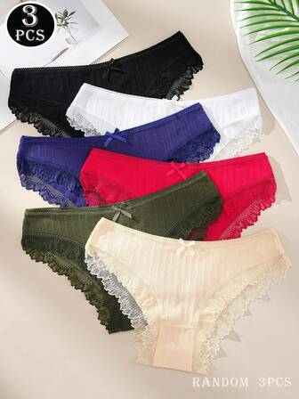 3条装女士纯色蕾丝内裤，柔软亲肤。性感蕾丝，低腰设计，甜美蝴蝶结三角裤，舒适内衬，约会、通勤、日常休闲皆宜。物超所值，细节精致。