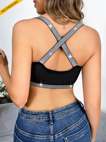 1pc Women Sports Glittering Strap Splicing Racerback Bra - Black - View 2
