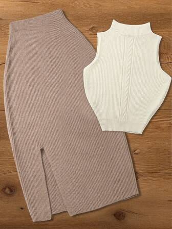 Conjunto de 2 piezas de camiseta de punto y falda para mujer, estilo vacacional francés, casual, de viaje, fiesta, sexy, Y2K, retro, elegante, primavera/verano, playa, holgado y lindo