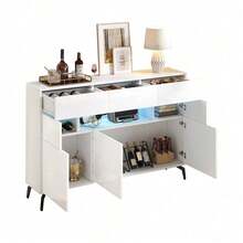 Modernes Sideboard 140 cm mit LED-Beleuchtung »Aura<< – Hochglanz-Weiße Kommode mit 3 Schubladen, 5 Schrankfächern & Metallbeinen – Elegantes Wohnzimmermöbel aus MDF