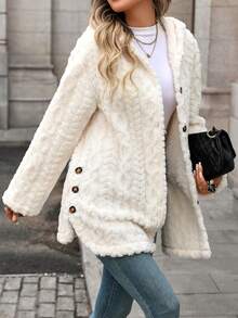 Abrigos casuales para el hogar de unicolor, suaves y con botones delanteros, para otoño/invierno - Beige - Ver 5