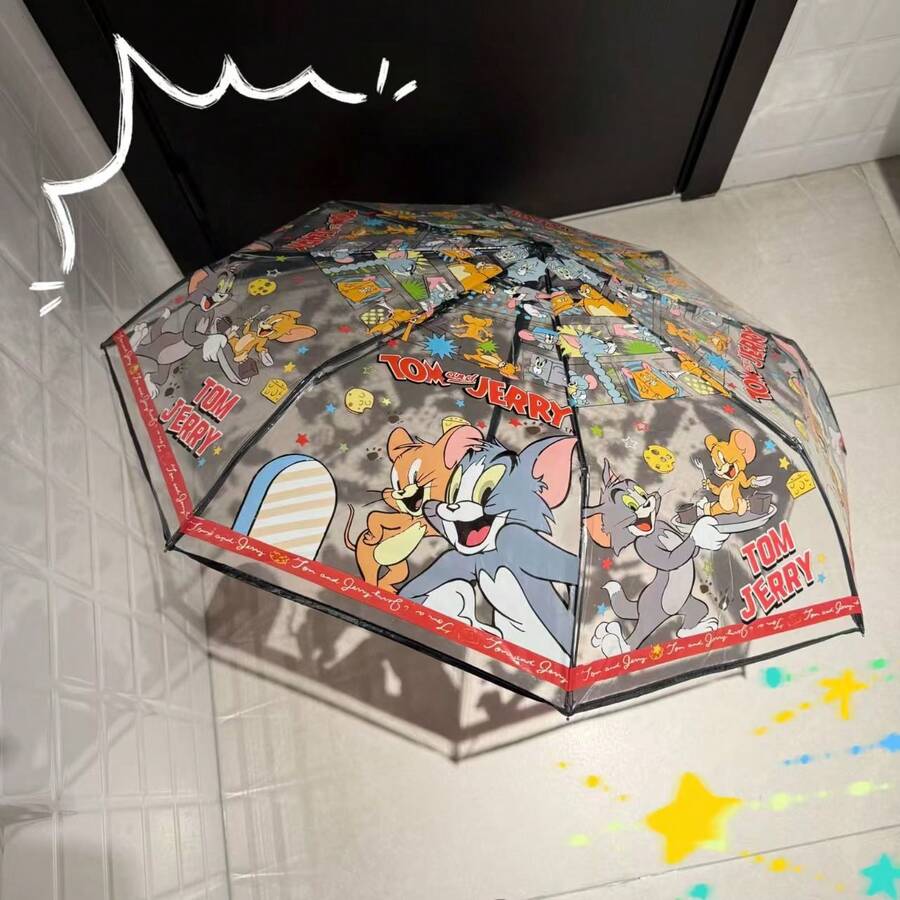 1pc Warner Bros. Tom And Jerry Themed Umbrella, Cartoon Puzzle Style Large Canopy Design, Transparent Umbrella Fabric For Easy Viewing, UV & Rain Protection, Sturdy Frame, Vibrant Colors, Great Birthday Gift, Outdoor Use, Fun & Entertaining.