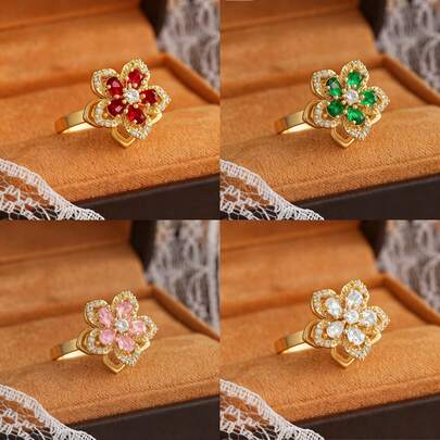 1pc Copper Zirconia 5-Petal Flower Rotatable Anti-Stress Luxury Fashion Open Ring For Women Valentines