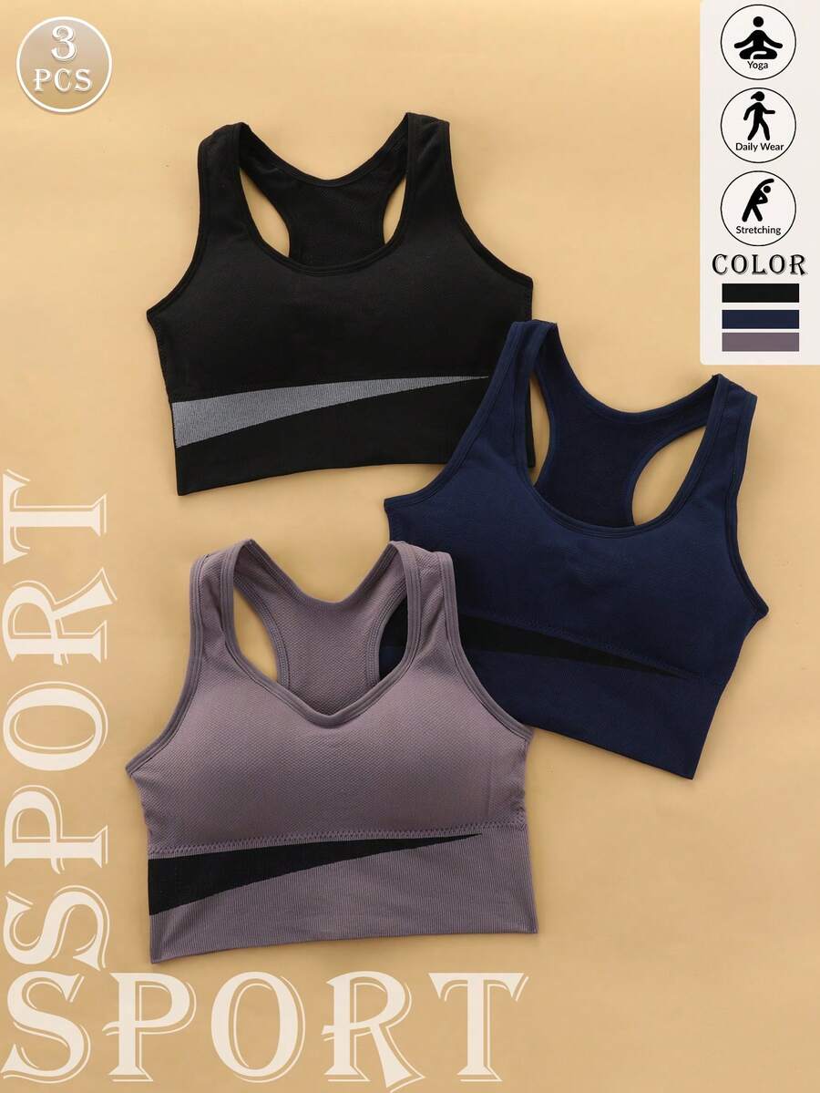 3pcs/Set Women's Colorful Wireless Shockproof Sports Bras For Running, Fitness, Yoga Spring