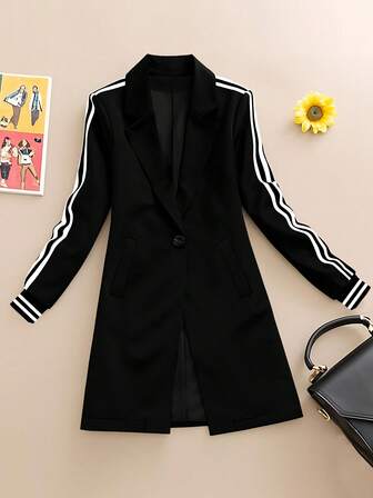 Elegant Casual Contrast Striped Mid-Length Blazer
