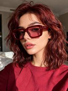 1pc Fashionable Square Frame Studded Fashion Glasses, & Versatile For Women - Wine Red Frame Red Tablet - View 2