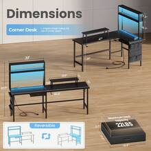 HLDIRECT L Shaped Desk With LED Light & Power Outlet, 59/63 Inch Reversible Corner Gaming Desk With Storage Shelves & Drawer, Computer Table With Monitor Stand For Home Office, Work & Study, Black - 黑色 - 查看 8