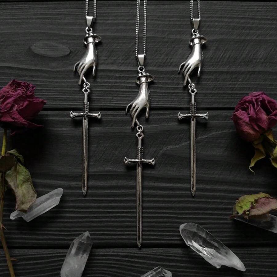 Sword Necklace  Necklace Hand Sword Pendant Medieval Fantasy Necklace - Silver - View 1