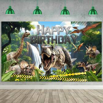 1 pieza Pancarta de fondo de cumpleaños de dinosaurio, fondo adecuado para fotografía de fiesta de cumpleaños con tema de parque de dinosaurios, decoración de bosque primigenio con Tiranosaurio Rex, Pterosaurio, Cuello Largo, Dragón, Triceratops