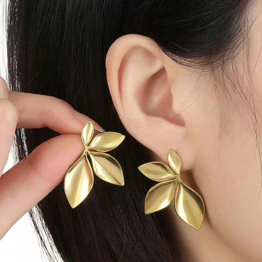 Thick Gold Smooth Flower Leaf Earrings - Fashionable Flower Leaf And Geometry Pendant Pendant Pendant Earrings | Daily Luxury Accessories - 金色 - 查看 1