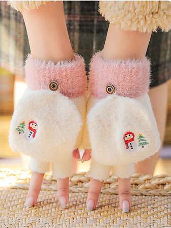 1 Pair Multicolor Women's Christmas Snowman Christmas Tree Gloves Holiday Activities Winter Plush Warm Gloves
