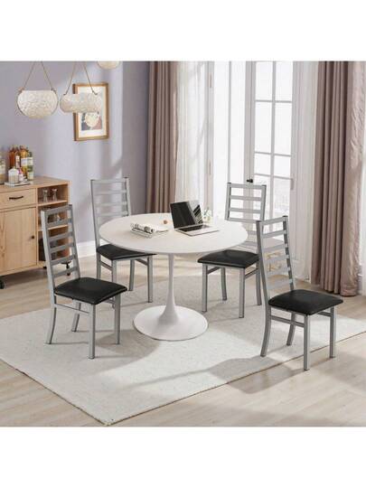 Set Of Metal Dining Chairs, Steel Legs PU Leather Seats, Armless High Back Kitchen, Living Room, Grijs view 11