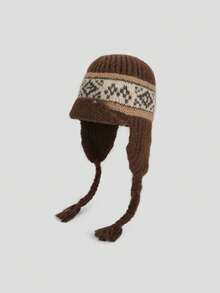 1 pieza Sombrero de piloto/cubo de mujer de punto jacquard bohemio con hilo grueso trenzado, orejeras acogedoras, de moda y versátil, casual y retro para otoño/invierno