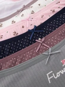 5 Pieces Of Women's Cotton Sexy Romantic Lace Edge Printed Underwear Set