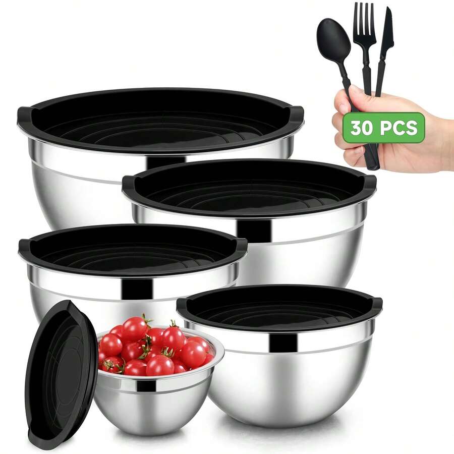 35pcs Stainless Steel Nesting Bowls Set With Airtight Lids & Non-Slip Silicone Base - Heavy-Duty 304 Stainless Steel, Space-Saving Stackable Design, Dishwasher  - Multi-Size Bowls For Baking, Mixing, Serving, Storage - Ideal For Home & Professional Kitchens, Christmas & Halloween Prep - Rustproof & Easy To Clean, Mixing Bowl Set, Cake Mixer Bowl, Cake Bowl, Kitchen Mixing Bowl, Kitchen Bowl With Lid, Serving Bowl With Lid, Bowl With Lid Set On, Bowl With Lid Set - 銀色 - 查看 1