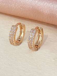 一对简约方晶锆石环形耳环，适合女性日常通勤和约会 - W17374 - 查看 17