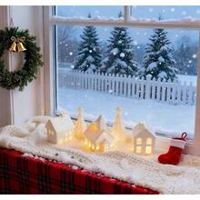Village Sets - Ceramic Decorations 5Pcs - Porcelain Farmhouse Village, 3 Lighted House Figurines And 2 Pine Trees, Tabletop Xmas Decor Home, Winter Holiday Display