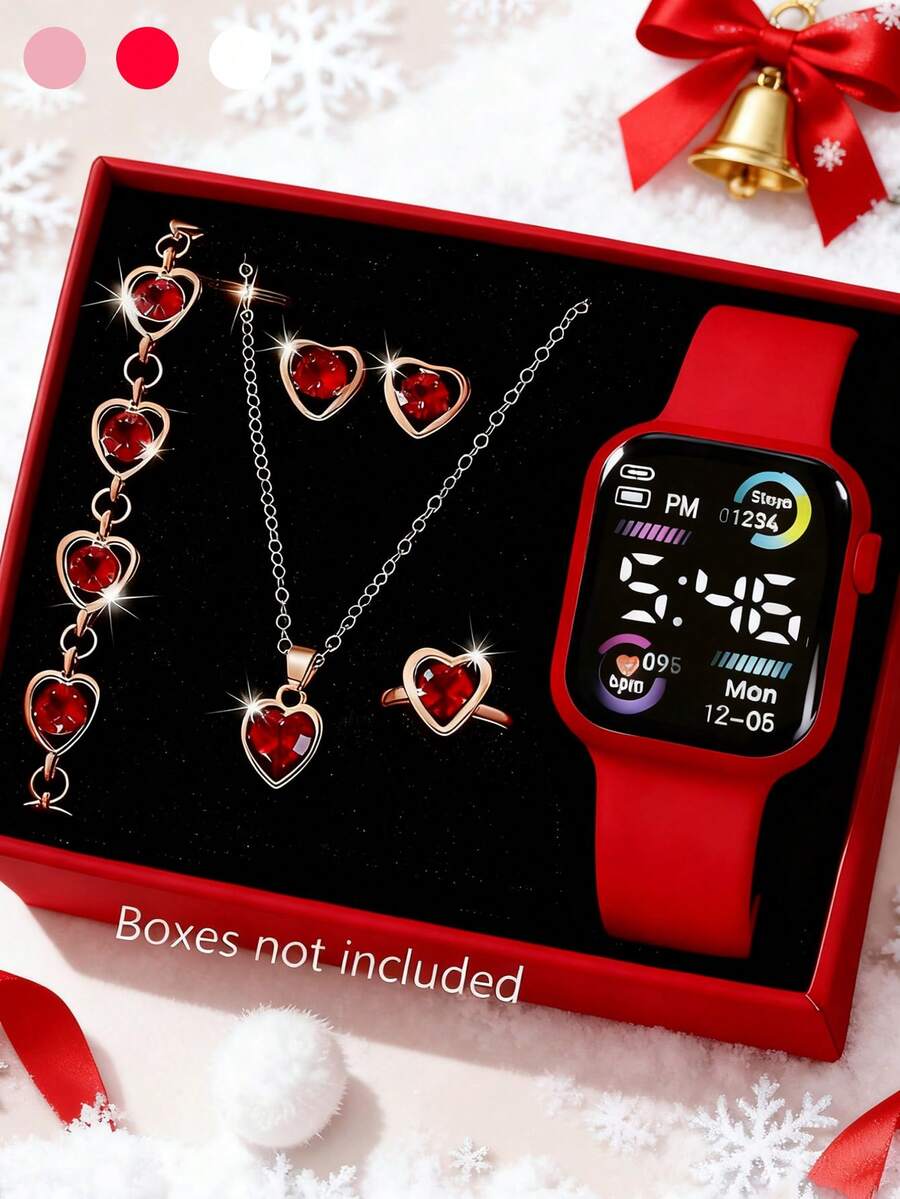 6/1pc Fashionable & Cute Teenage Digital LED Screen Watch & Jewelry Set, Necklace, Bracelet, Earrings, Ring, Gift For Friends, Suitable For Gatherings, Festivals, Parties, Valentine's Day, Christmas, Thanksgiving, Gift For Mom