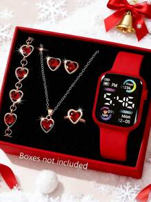 6/1pc Fashionable & Cute Teenage Digital LED Screen Watch & Jewelry Set, Necklace, Bracelet, Earrings, Ring, Gift For Friends, Suitable For Gatherings, Festivals, Parties, Valentine's Day, Christmas, Thanksgiving, Gift For Mom