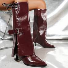 Pointed Toe Riding Boots, Fashionable Tall Metal Buckle Slim High Heel Straight Tube Leg Boots, Slimming Knee-High Boots