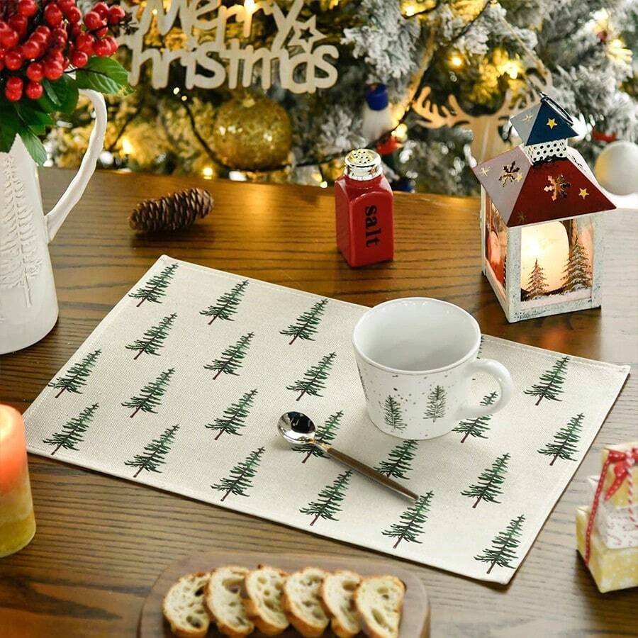 Set 4/6 buc. Covorașe de masă verzi cu model de pin de Crăciun, model sezonier de Crăciun, potrivite pentru petrecere, bucătărie, decor de sufragerie, 30x45 cm