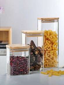 1个简约方形透明罐，配竹盖，密封食品容器，优雅轻巧，可堆叠收纳，适合厨房装饰和食品储藏室整理。 - 透明 - 查看 4