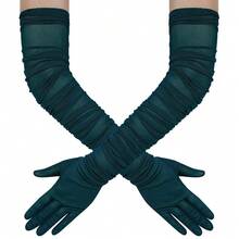 Hazhlko Women's Super Long Stretchy Ruched Mesh Tulle Sheer Gloves Costume Opera Party 1920's Dance Gloves{"Color_name":"Peacock"} - Peacock - 查看 2