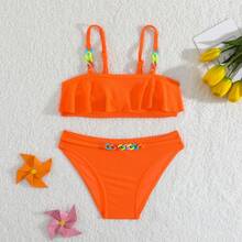 RWX VEST - CONJUNTO DE PRAIA INFANTIL FEMININO COM BABADINHOS E DETALHES COLORIDOS DE CORRENTE - I3078 - Laranja - Visão 3