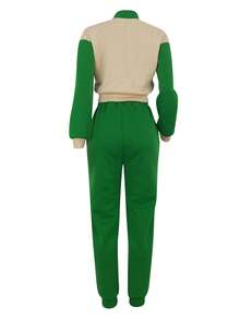 Women's Casual Color Block Single-Breasted Long Sleeve Jacket Top Paired With Drawstring Pocket Sweatpants Set, Spring/Autumn/Winter