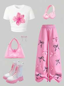 Tween Girl Floral Print Long Sleeve Top And Butterfly Print Long Pants - White - View 1