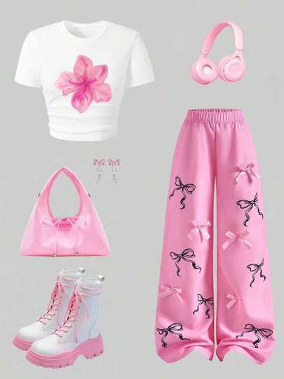 Tween Girl Floral Print Long Sleeve Top And Butterfly Print Long Pants