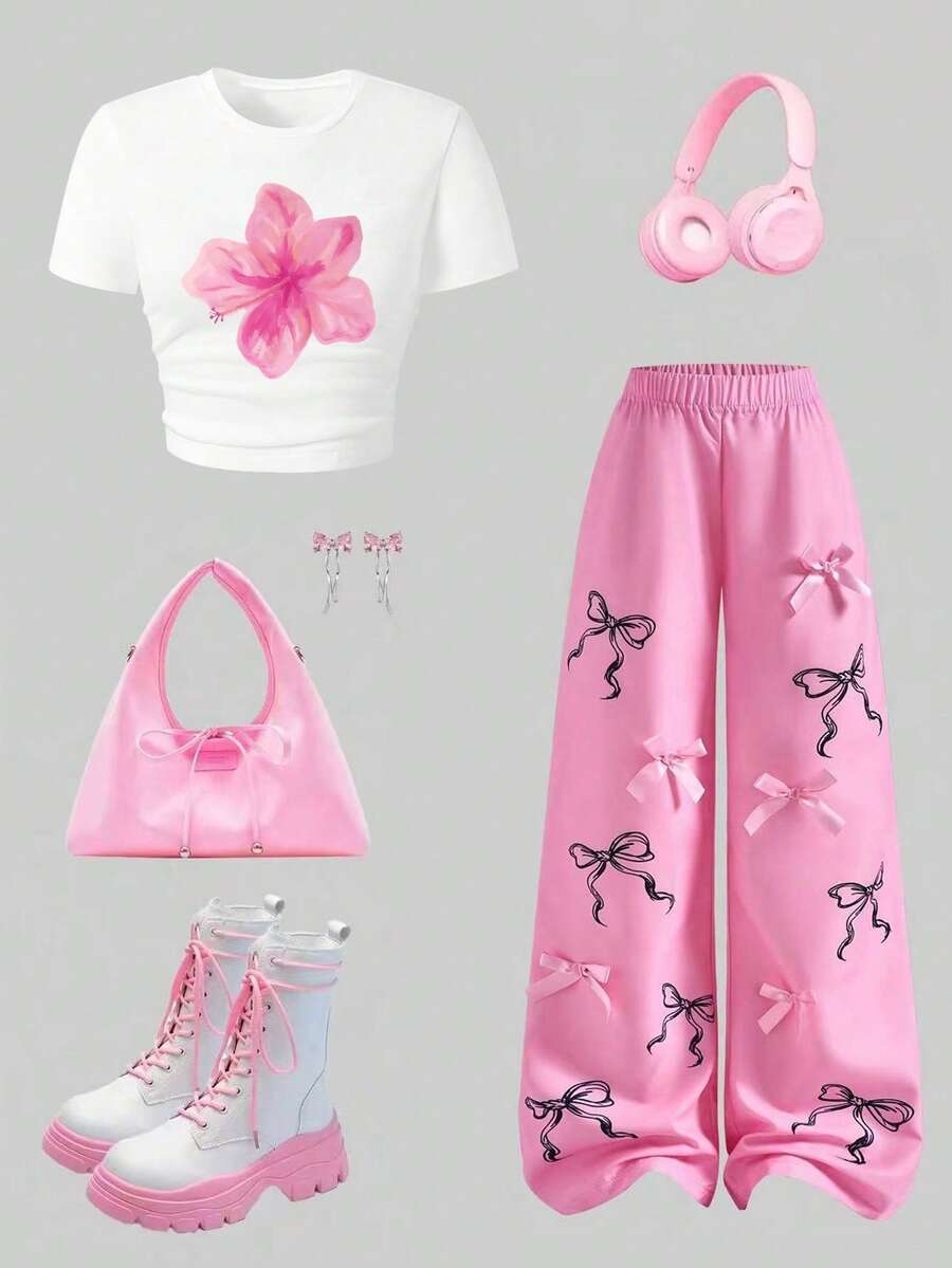 Tween Girl Floral Print Long Sleeve Top And Butterfly Print Long Pants - White - View 1