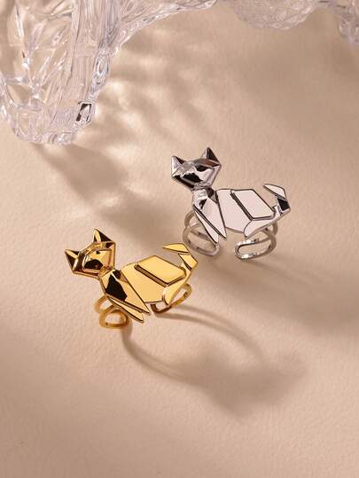 Designed Robot Dog Cat Stainless Steel Rings For Women Mom, 18K Gold-Plated Silver Color Anti Fading Open Ring, Christmas Birthday Gifts, Wedding Party Jewelry Accessories