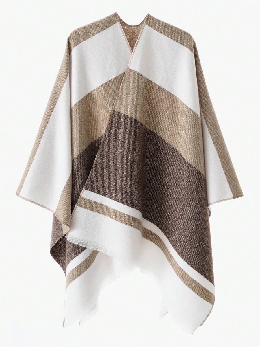 1 Stück Damen klassischer Farbblock Streifenponchos, lässiger warmer Schal-Wickeljacke für Herbst/Winter Outdoor und Reisen