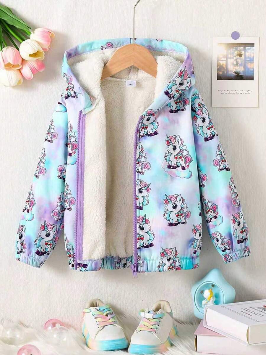 幼儿独角兽印花保暖连帽夹克 - 紫色 - 查看 1