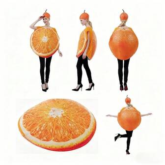 New Orange Fruit Costume For Halloween Party, Bright Orange Slice Role Play Outfit With Green Leaf Accent, Juicy Themed Dress For Group Cosplay