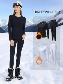 6-Piece Women's Thermal Underwear Set - Casual Daily Sports Set - Double-Layer Design, Thickened Close-Fitting Top And Compression Pants, Suitable For Use In The Cold Autumn And Winter - Black - View 2