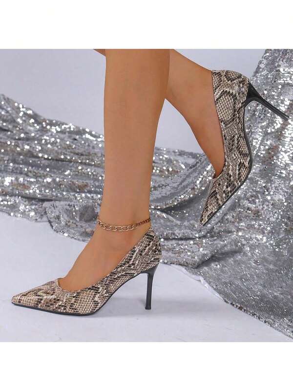 Scarpe da donna con tacco alto alla moda 2024, con punta appuntita, modello elegante e sexy a motivo di pelle di serpente, adatte per uso quotidiano, ufficio e feste