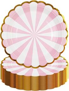 50PCS Pink Birthday Party Plates,  Dessert Plates, Scalloped Gold Foil Edge Dinnerware Party Supplies For Birthday Weddings Parties,25837421 - 玫紅色 - 查看 1