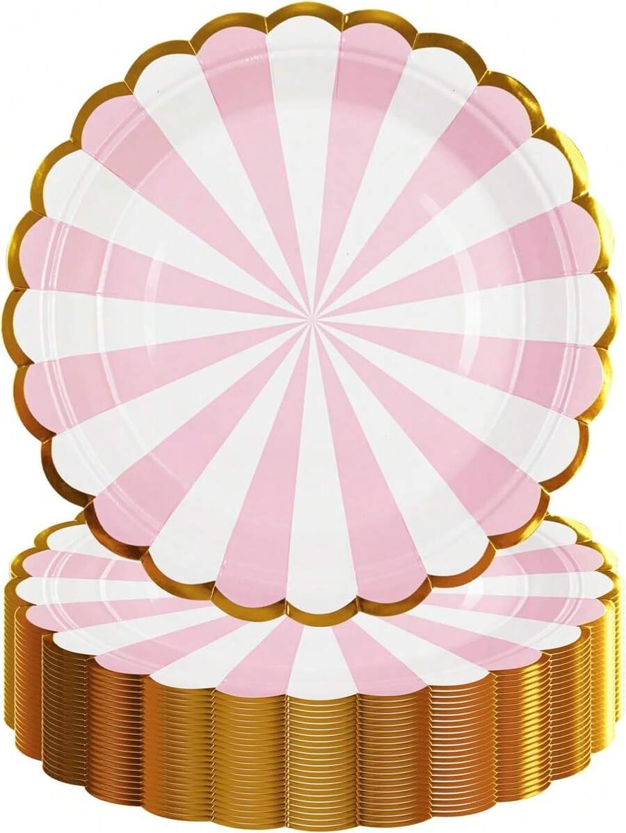 50PCS Pink Birthday Party Plates,  Dessert Plates, Scalloped Gold Foil Edge Dinnerware Party Supplies For Birthday Weddings Parties,25837421 - 玫紅色 - 查看 1