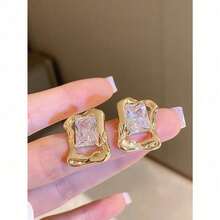 1pair New High-End Small Rhinestone Decor Daily Fashion Stud Earrings For Women - 金黃色 - 查看 4