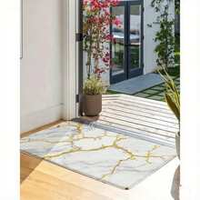 Modern Bright Kitchen Decor Set - White Cabinetry With Gold Handles, Light Wooden Floor, Gold Marble-Like Kitchen Mat, Stainless Steel Pots & Faucet, Cutting Board & Jars, Greenery Outdoor Pat - 彩色 - 查看 5
