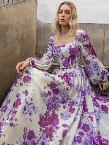 Faeriesty 印花女士正式晚礼服，灯笼袖，方领，A字廓形，花卉印花连衣裙 - 完美适用于婚礼宾客着装、盛大晚宴、舞会、歌剧之夜、慈善舞会 - 紫色 - 查看 11